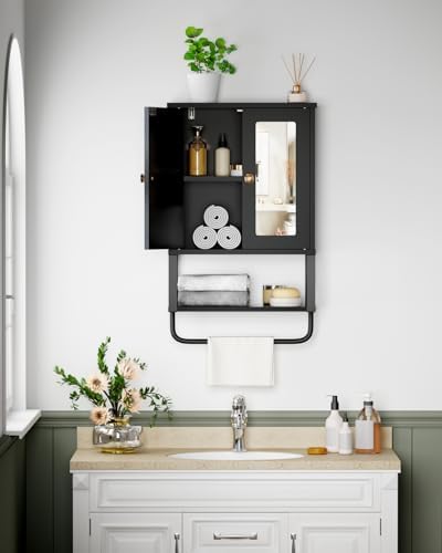 BEWISHOME Bathroom Medicine Cabinet Mirror with Towel Bar, Black