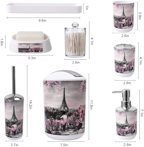 Bathroom Accessories Set with Shower Curtain Bath Rugs Pink Paris Bathroom Accessories with Trash Can, Shower Curtain Set,Bath Rugs for Home Decor