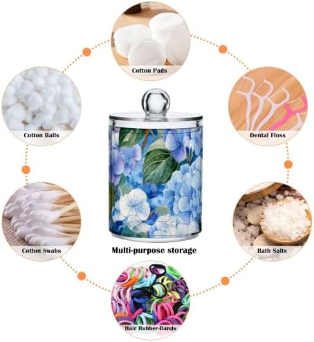 Fustylead 4 Pack Vibrant Watercolor Blue Hydrangea and Leaves Qtip Holder Dispensers, Plastic Apothecary Jar Bathroom Accessories Set for Cotton Ball, Swab, Round Pads, Floss