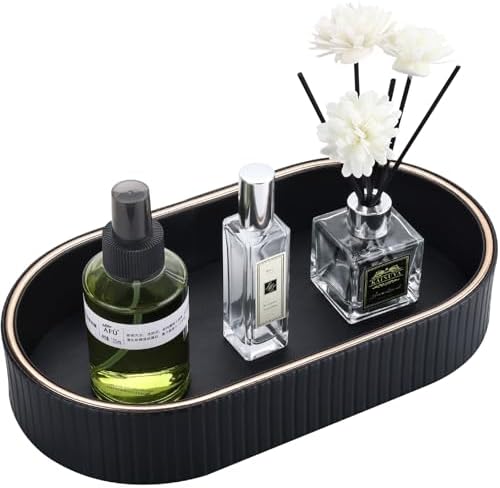 GORESE PU Leather Valet Tray Nightstand Organizer, Oval Perfume Trays Key Bowl Jewelry Dish for Bedside Dresser Entryway Table, Vanity Tray for Bathroom, EDC Trays for Men Women, 11×5.9 in, Black