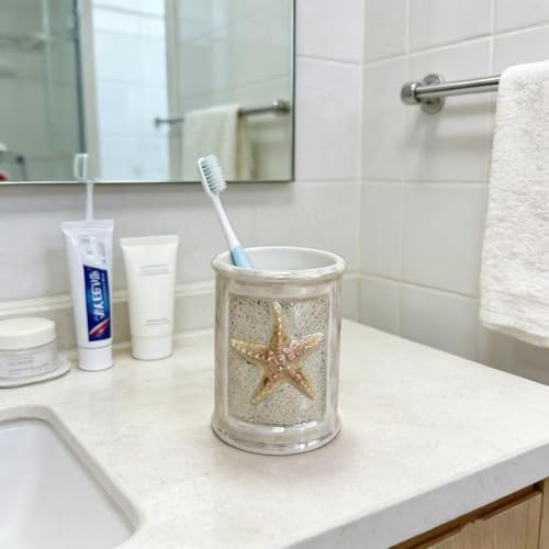 Ceramic Bathroom Accessory Set - 4 Piece Seashell & Starfish Decor, Includes Soap Dispenser, Toothbrush Holder, Soap Dish & Tumbler, Beach Themed Bath Decor (Yellow)