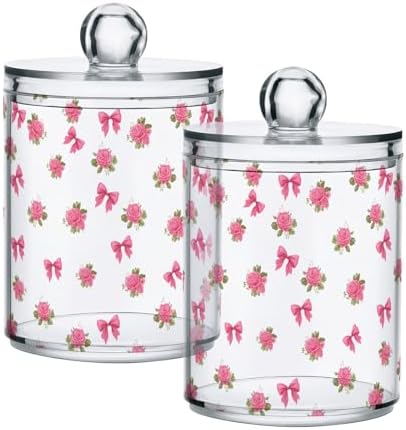 ALAZA Rose Flower Bow White 2 Pack Qtip Holder Dispenser for Cotton Swabs, Balls, Pads, Floss 10 oz Plastic Canister Organizer