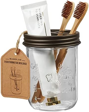 Amolliar Mason Jar Bathroom Accessories Set(4 Pack) -Bronze-Lotion Soap Dispenser&Qtip Holder Set&Toothbrush Holder-Rustic Farmhouse Decor Apothecary Jar Bathroom Countertop,Vanity Organize (Bronze) | Lotion Soap Dispenser, 2 Qtip Holder Set, Toothbrus...
