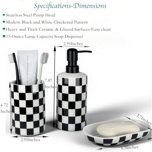 Bathroom Toothbrush Holder Set, Ceramic Soap Dispenser and Tooth Brush Holder and Soap Dish Set, Bathroom Accessories Sets Countertop, Black and White Checkered Bathroom Decor Set