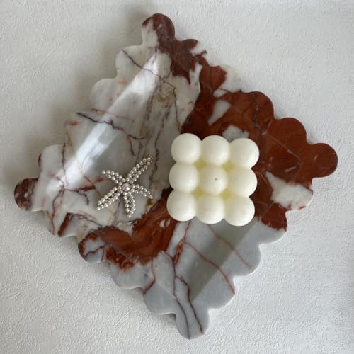 Vintage Natural Marble Tray Small Ornaments Scalloped Tray Handmade Storage Dish for Counter, Vanity, Dresser, Nightstand and Desk (Calacatta Red)