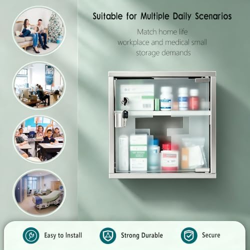 Locking Stainless Steel Medicine Cabinet, 2 Tier Wall Mounted Storage Cabinet, Durable Stainless Steel, Surface or Flush Mount, Ideal for Home, Office or First Aid, 11.8 in. x 4.7 in. x 11.8 in