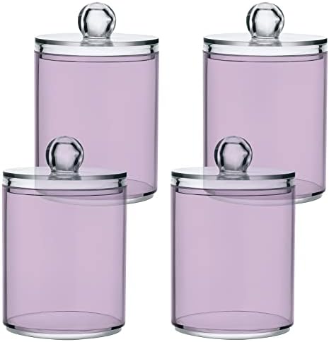 SHJI Thistle Purple Qtip Holder Organizer Dispenser Cotton Swabs Cans Plastic Jars with Lid Set 4 Pack Bathroom Storage Canister for Cotton Ball Floss Cotton Pads