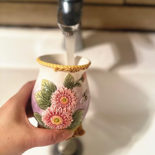Ceramic Sunflower Bathroom Accessories Set, 4 Piece Bathroom Ensemble Set with Toothbrush Holder, Toothbrush Cup, Soap Dispenser, Soap Dish (Pink)