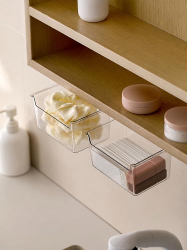 Medicine Cabinet Organizer Wall Mount,Small Pull-Out Organizer Box,Self-adhesive Under Medicine Cabinet Drawer Holder,Make Up Storage for Bathroom Mirror Cabinets, Clear (2)