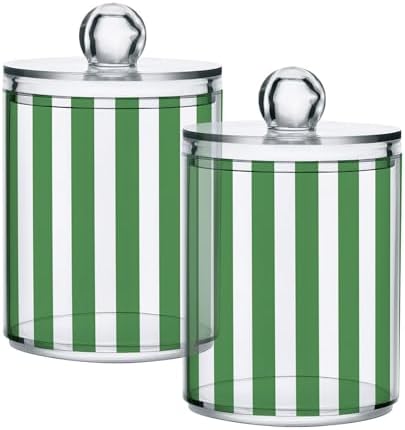 ALAZA Green White Striped 2 Pack Qtip Holder Dispenser for Cotton Swabs, Balls, Pads, Floss 10 oz Plastic Canister Organizer