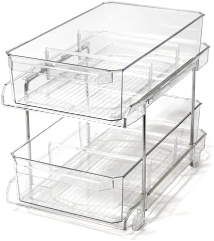 BINO 2 Tier Clear Storage Organizer with Dividers | Slide Out Drawer for Under Sink or Medicine Cabinet | Bathroom Closet, Vanity, Pantry Organizer | Under Cabinet Storage for Bathroom and Kitchen
