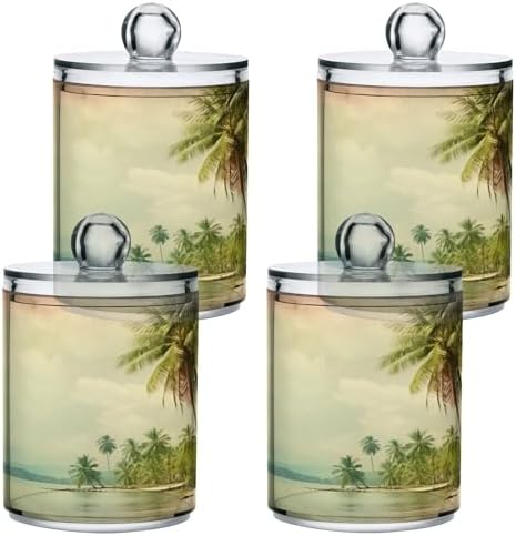 2 Pack Apothecary Jars Bathroom Vintage Palm Trees Qtip Holder Dispenser Clear Plastic Storage Canister Jar with Lid for Cotton Ball, Cotton Swab
