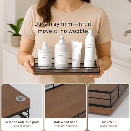 Toilet Paper Basket Organizer, Oak Wood Toilet Tank Tray with Metal Frame
