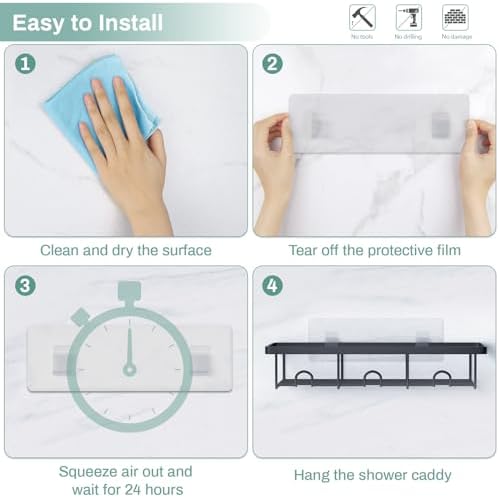 Adhesive Small Wall Shower Caddy Shelves for Inside Shower with Hooks