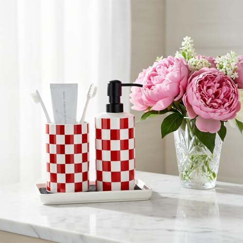 Bathroom Toothbrush Holder Set, Ceramic Soap Dispenser and Tooth Brush Holder Set, Bathroom Accessories Sets Countertop, Modern Red and White Checkered Bathroom Decor