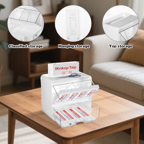 YEXEXINM Bandages Storage Organizer for Wall Large Bandage Organizer with Lid 3-Compartment Plastic Bandaid Storage Container for Home Medicine Cabinet, Elastic Bandage Wrap, Cotton Swab