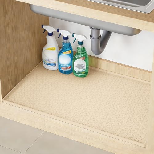 TRZZ Waterproof Under Sink Mat, 34"x22", Drip Tray Shelf Liner, Beige