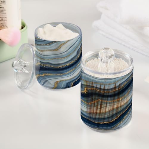MNSRUU 2 Pack Qtip Holder Organizer Dispenser Purple Blue Marble Ink Bathroom Storage Canister Cotton Ball Holder Bathroom Containers for Cotton Swabs/Pads/Floss