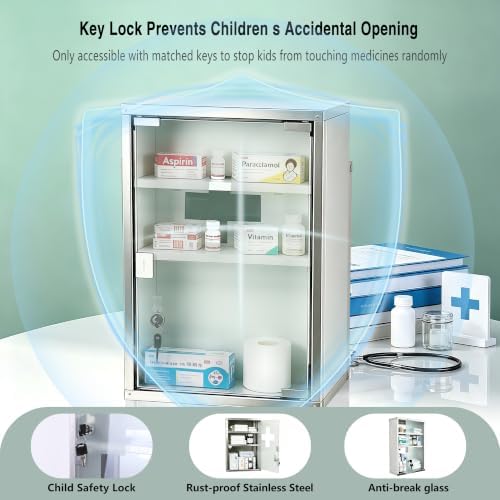 Locking Stainless Steel Medicine Cabinet, 3 Tier Wall Mounted Storage Cabinet, Durable Stainless Steel, Surface or Flush Mount, Ideal for Home, Office or First Aid, 11.8 * 4.7 * 17.7