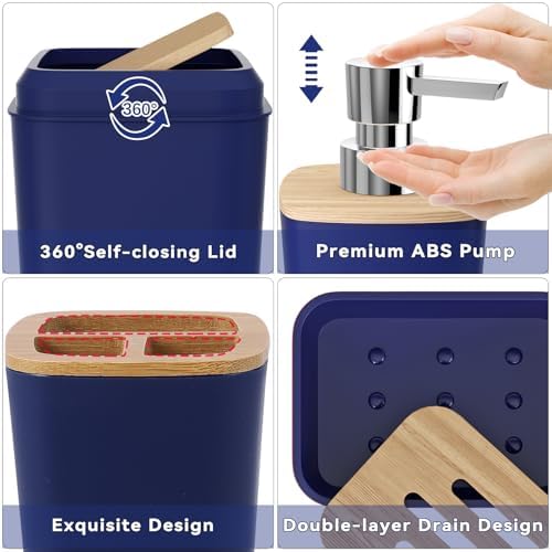 Bathroom Accessories Set with Sequin Shower Curtain, Navy Blue Bathroom Set with Trash Can,Towel Set,Shower Curtain Set