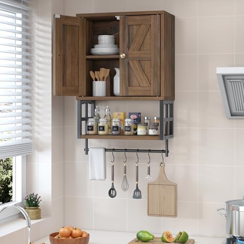 Bathroom Wall Cabinet, Farmhouse Medicine Storage with Towel Bar, Walnut