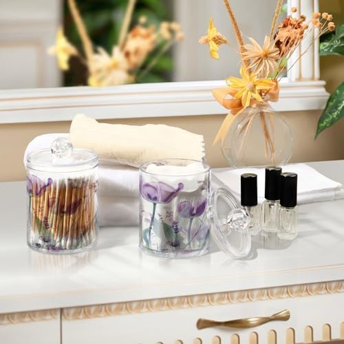 senya Clear Plastic Jars Cotton Swabs Cans, Purple Tulips Flowers Pastel Bathroom Canisters Storage Organizer with Lids 2PCs Set for Cotton Ball, Cotton Swab, flossers, Hair Bands