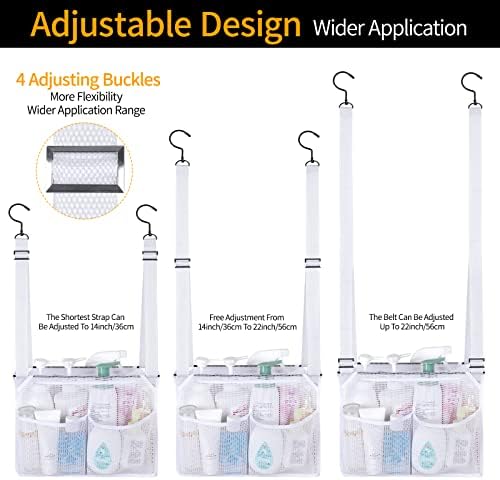 4 Storage Pockets Adjustable Hanging Mesh Bathroom Bag, Shower Caddy College with Hooks, Applied to College Dorm Rooms, Gym, Swimming and RV Travel (White)