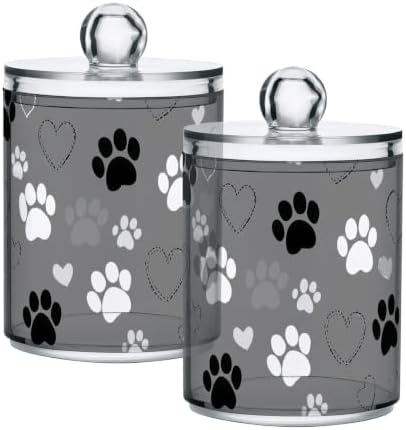 Fustylead 2 Pack Paw Print and Hearts Plastic Apothecary Jar Set for Bathroom Storage, Qtip Holder Dispensers for Cotton Ball, Swab, Round Pads, Floss