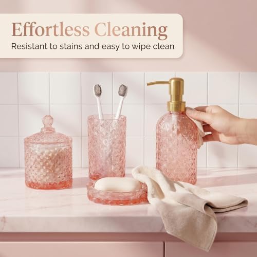 LaMarriti Pink Bathroom Accessories Set, 4Pcs Clear Glass Bathroom Set