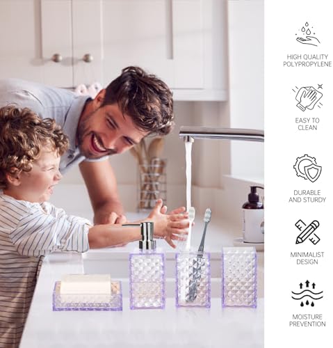 Bathroom Accessory Set, Grid Pattern 4 Pcs Plastic Bathroom Set, Purple