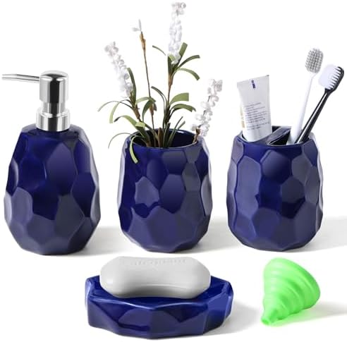 Ceramic Bathroom Accessories Set 4 PCS,Bathroom Toothbrush Holder Set,Soap and Toothbrush Holder Set,Include Toothbrush Holder,Soap Dispenser,Tumbler,Soap Dish,Bathroom Sets Decor Organizer(Navy Blue)