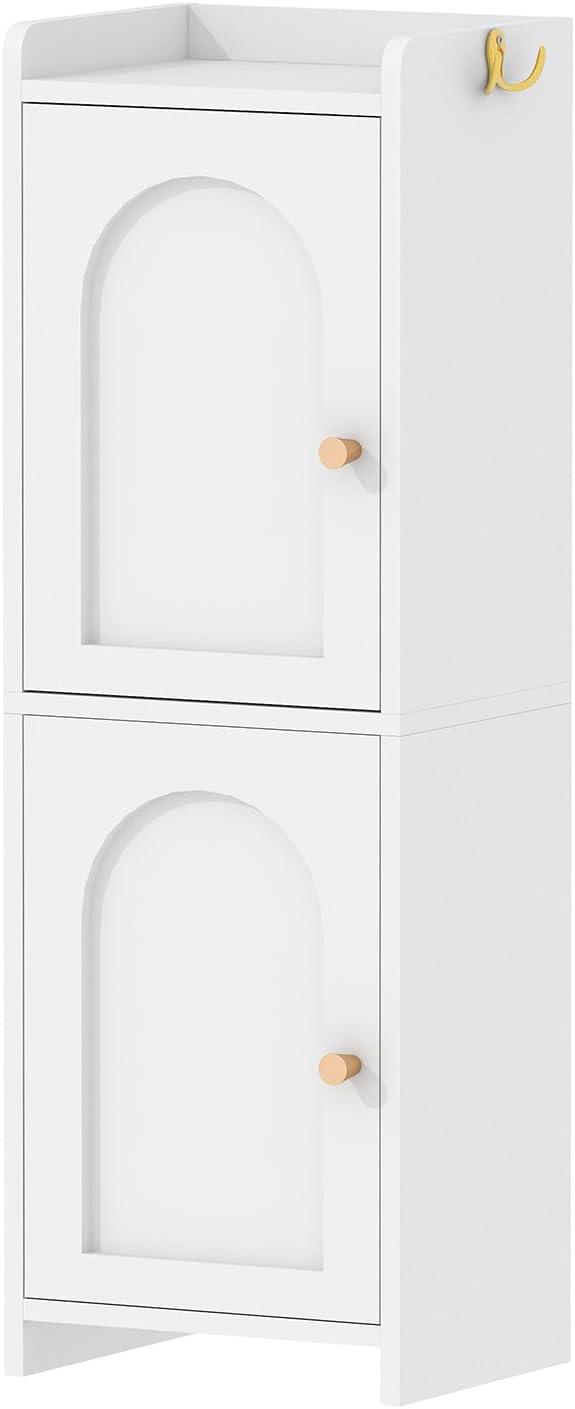 Arbuxzuy Small Bathroom Storage Cabinet,Corner Floor Cabinet with 2 Doors and Adjustable Shelf, Narrow Toilet Paper Cabinets with 2Hooks,Toilet Organizer for Small Spaces，7.87"D*9.84"W*29.72"H(White)