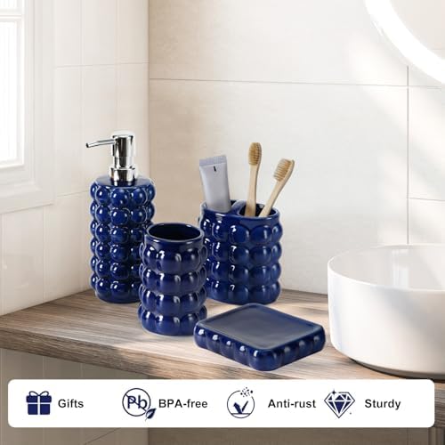 4 Piece Ceramic Bathroom Accessories Set –Soap Dispenser,Toothbrush Holder,Tumbler & Soap Dish,Includes Silicone Funnel,Non-Slip,Modern Farmhouse Countertop Organizer Set for Bathroom Decor, Navy Blue