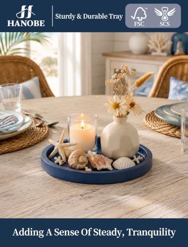 Hanobe Navy Blue Round Decorative Trays for Coastal Coffee Table Decor, 39"