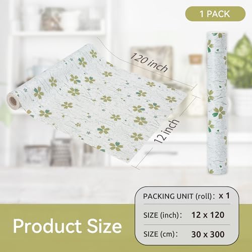 FIFTY FEET 12"x120" Non-Adhesive Shelf Liner for Kitchen Cabinets and Drawers, Washable Non-Slip PVC Cabinet Liner (Green Floral)(1 Roll)