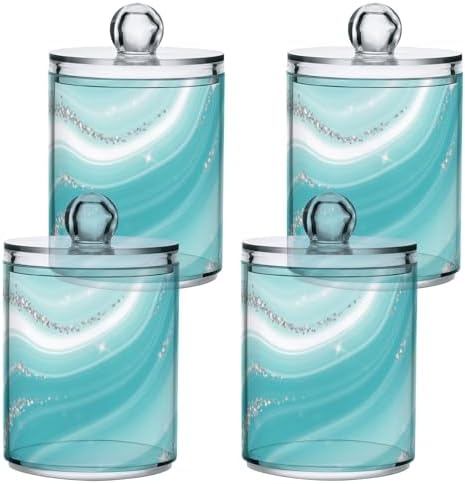 MNSRUU 4 Pack Qtip Holder Organizer Dispenser Blue Teal Marble Bathroom Containers Bathroom Vanity Storage Canister Apothecary Jars for Cotton Swabs/Pads/Floss