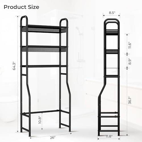 3 Tier Over The Toilet Storage Shelf, Black Bathroom Over The Toilet Storage Rack, Space Saving Above Toilet Storage Shelf with Vinyl Mesh Surface, Bathroom Toilet Shelf Rack Organizer