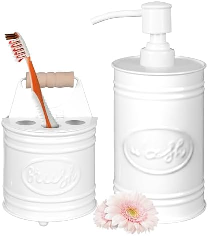 Autumn Alley Kids Bathroom Accessories Set – 2-Piece White Soap Dispenser & Toothbrush Holder, Farmhouse Bathroom Countertop Organizer for Kids, Durable Metal Bathroom Set with Wood Handle