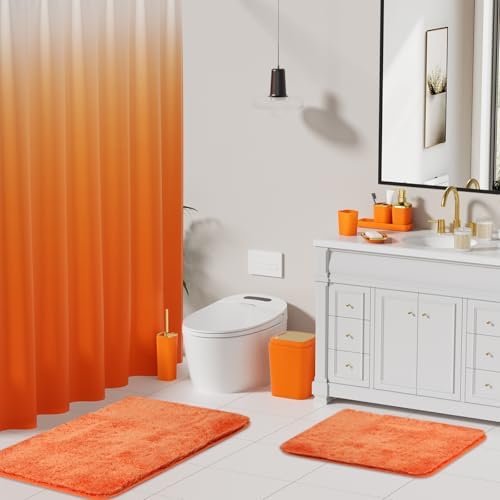 XLHOMO Orange Bathroom Set, Bathroom Sets with Shower Curtain and Rugs