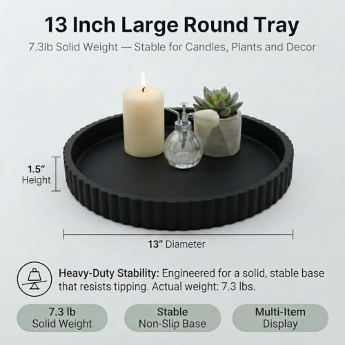 Round Solid Concrete Tray, Fluted Centerpiece for Coffee Table Decor 13"