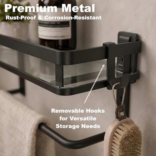 VOLPONE Glass Shelf for Bathroom 15.7 in Black Bathroom Shelves Wall Mounted Tempered Glass Shelving with 2 Removable Hooks (1 Tier)
