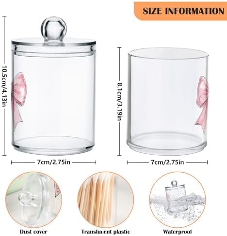 Fustylead 4 Pack Hand Draw Pink Bow Sketch Plastic Apothecary Jar Set for Bathroom Storage, Qtip Holder Dispensers for Cotton Ball, Swab, Round Pads, Floss
