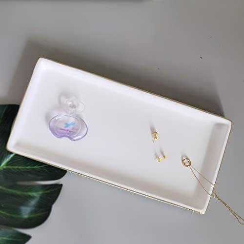 10 x 5 Ceramic Bathroom Tray for Countertop, Decorative Vanity Tray for Dresser Tops, Small Rectangular Trays for Perfume, Candle, Jewelry, Cosmetics (White)