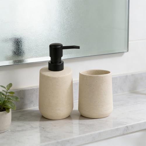 2Pcs Beige Resin Bathroom Set, Soap & Toothbrush Holder, Minimalist