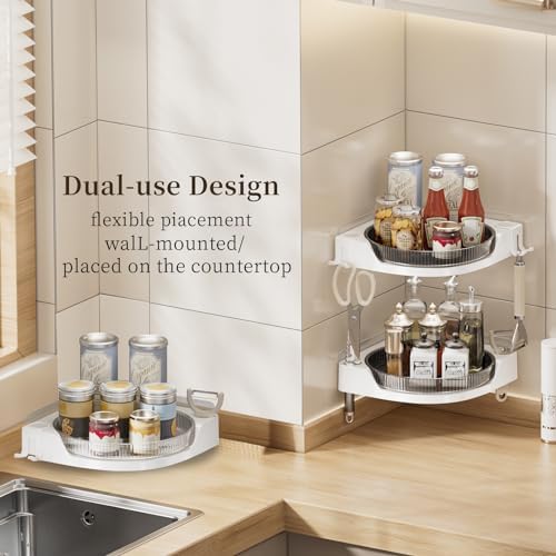 akinbas Corner Shower 2 Tier Caddy Lazy Susan Organizer 360 Rotating Corner Shelf Wall Mounted with No Drilling Shelves for Bathroom Dorm and Kitchen (White)
