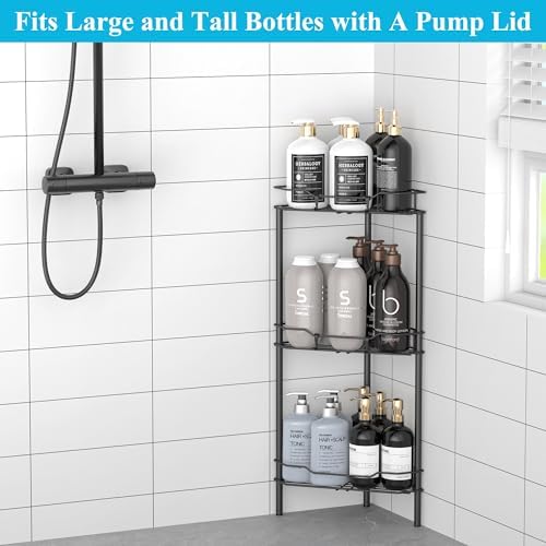 HuggieGems Metal Floor Standing Corner Shower Caddy, Matt Black, 3 Tier