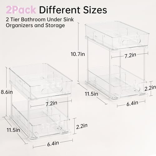 Delamu 2 Tier Under Sink Organizer Bathroom, Bathroom Cabinet Organizer with Snap-Lock Design and Hooks, Pull Out Storage with Movable Dividers, for Countertop, Kitchen and Pantry (Clear, 2 Pack)