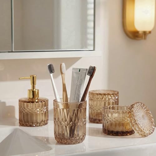 LaMarriti Brown Bathroom Accessories Set, 4Pcs Clear Glass Bathroom Set, Soap Dispenser and Toothbrush Holder Set, Qtips Holder, Soap Dish for Crystal Modern Bathroom Decor, Countertop Organizer