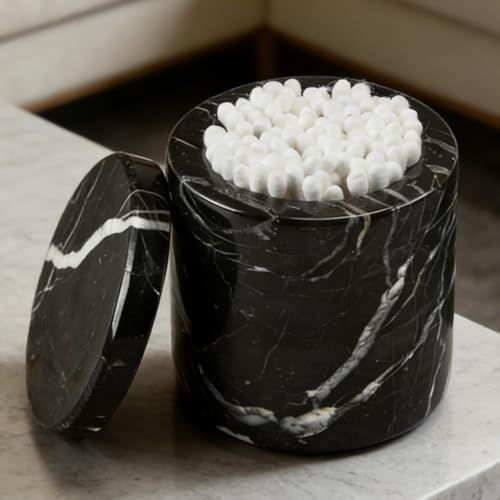 Black Natural Marble Storage Jar with Lid, 3 Inch Dia 3.5 Inch Ht Elegant Stone Canister, Damp-Proof Cosmetic Container for Cotton Swabs, Jewery, Bathroom Jar