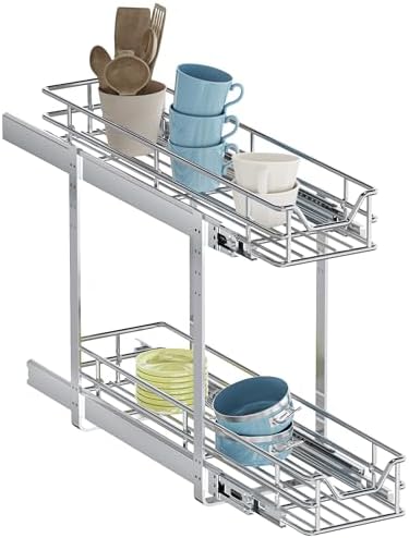 2-Tier Pull Out Cabinet Organizer, 5.5" W x 21.5" D, Heavy Duty Dual Slide Out Shelves for Narrow Base Cabinets, Chrome Wire Basket Drawer for Spices, Bottles & Snacks
